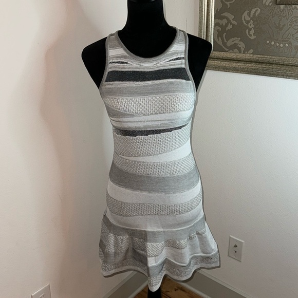 John John sleeveless ruffle hem sweater knit striped gray silver mini dress Sz S - Picture 1 of 9